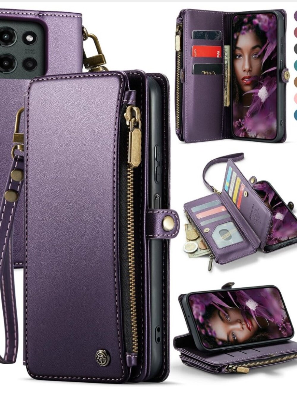 Moto G 5G 2025 Wallet Case Folio Card Slots Zip Pocket Wrist Strap Purple